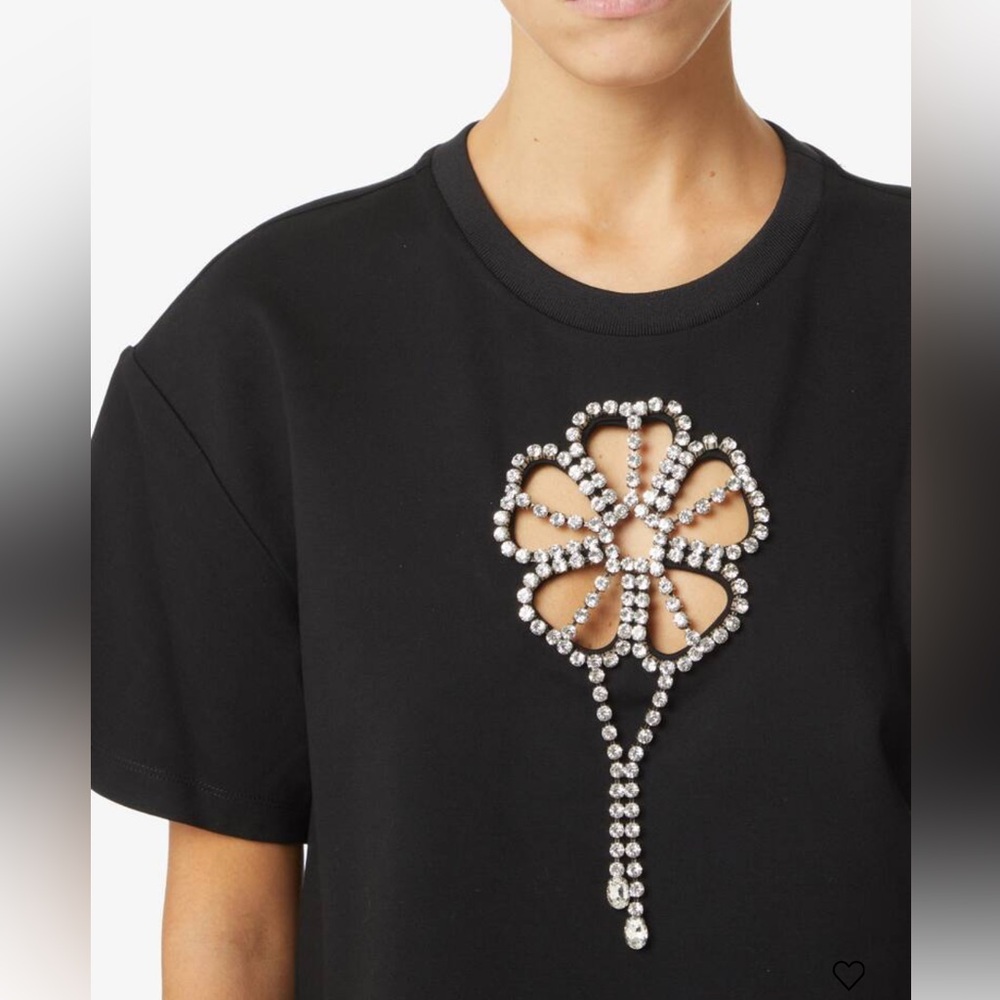 AREA Crystal flower cutout short sleeve black tee